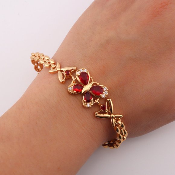 The Valley Fashion Jewelry - Enchanting Elegance 14k Gold Plated Red Cubic Zirconia Butterfly Linked Bracelet